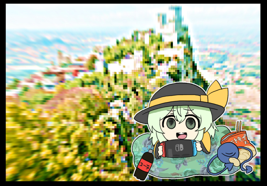 1girl :d bangs black_border black_headwear blouse border chibi chips cola eyeball eyebrows_visible_through_hair floral_print food frilled_sleeves frills game_screenshot_background green_eyes hair_between_eyes hat hat_ribbon highres holding komeiji_koishi light_green_hair long_sleeves lying medium_hair nintendo_switch on_pillow on_stomach open_mouth outline ribbon rose_print smile solo teeth third_eye touhou upper_teeth washiwa wavy_hair white_outline wide_sleeves yellow_blouse yellow_ribbon