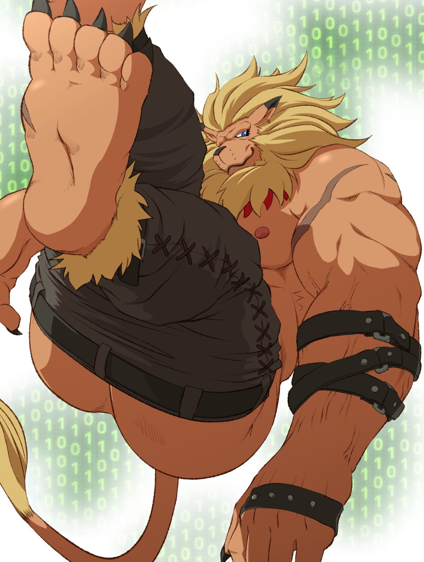 anthro bandai_namco belt biceps blonde_hair blue_eyes bottomwear bottomwear_down butt clawed_toes clothed clothing digimon digimon_(species) felid hair hi_res leomon lion male mammal mane muscular muscular_anthro nipples pantherine pants pants_down partially_clothed pecs samoji solo