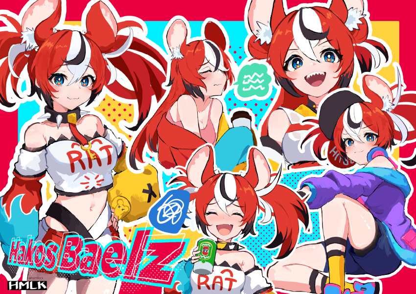 1girl absurdres alternate_costume animal_ear_fluff animal_ears artist_name asymmetrical_hair baseball_cap black_hair blue_eyes blue_shorts breasts can character_name cheese closed_mouth collar colored_tips crop_top dice_hair_ornament double_bun english_commentary fangs food hair_down hair_ornament hakos_baelz hamllock hand_on_hip hat headphones headphones_around_neck highres holding holding_can hololive hololive_english medium_breasts miniskirt mouse_ears mouse_girl multicolored_background multicolored_hair multiple_views off_shoulder open_mouth pink_tank_top purple_sweater red_hair sharp_teeth shirt shorts signature skirt speech_bubble spiked_collar spikes streaked_hair sweater tank_top teeth twintails white_hair white_shirt