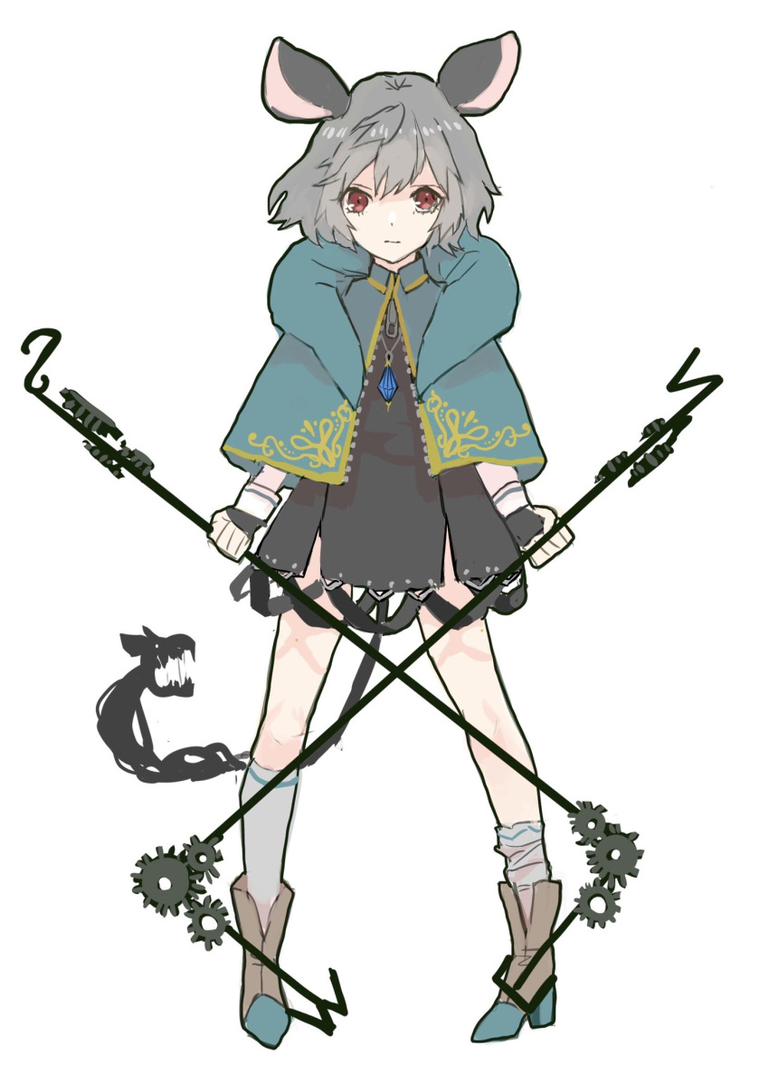 1girl animal_ears basket capelet dowsing_rod dress full_body grey_dress grey_hair highres jewelry long_sleeves looking_at_viewer mouse_ears mouse_tail nanasuou nazrin necklace pendant red_eyes short_hair simple_background socks solo standing tail touhou white_background