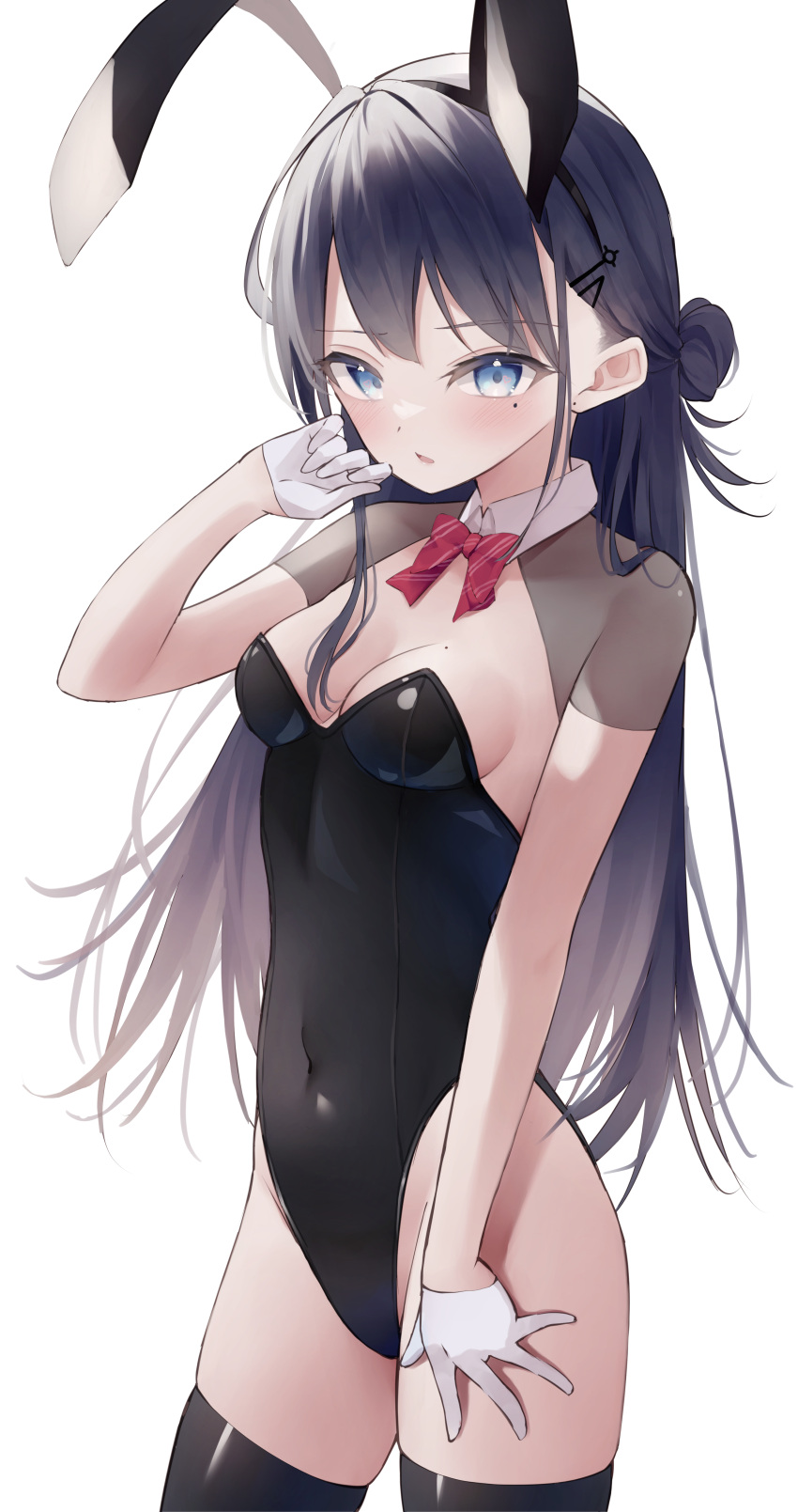 1girl absurdres animal_ears bangs black_hair black_hairband black_legwear black_leotard blue_eyes bow bowtie breasts cleavage covered_navel cowboy_shot eyebrows_visible_through_hair fake_animal_ears gloves hair_bun hair_ornament hairband hairclip hand_up highres leotard long_hair looking_at_viewer mole mole_on_breast mole_under_eye original parted_lips playboy_bunny rabbit_ears red_bow red_bowtie short_sleeves shrug_(clothing) shun'ya_(daisharin36) side_bun simple_background small_breasts solo strapless strapless_leotard thighhighs v-shaped_eyebrows very_long_hair white_background white_gloves