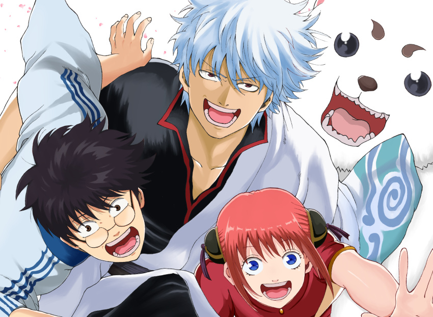 1girl 2boys :d absurdres black_hair black_shirt blue_eyes brown_eyes collarbone gintama glasses highres kagura_(gintama) kouta(34765766) looking_at_viewer multiple_boys open_mouth red_hair red_shirt sadaharu sakata_gintoki shimura_shinpachi shiny shiny_hair shirt short_hair silver_hair smile