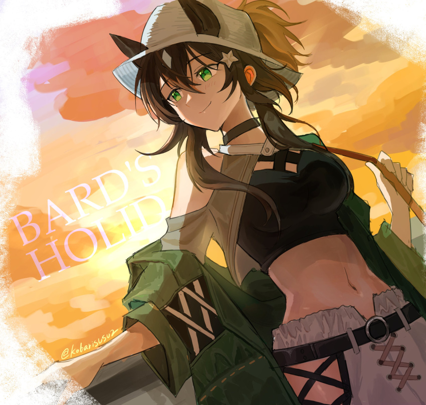 1girl animal_ears arknights backlighting bangs bare_shoulders belt belt_buckle black_choker blush breasts brown_hair buckle choker closed_mouth coat commentary_request crop_top ears_through_headwear evening eyebrows_visible_through_hair green_coat green_eyes green_hair hair_between_eyes hair_ornament highres horse_ears kobarisusuz long_hair long_sleeves looking_away looking_to_the_side medium_breasts meteor_(arknights) meteor_(bard's_holiday)_(arknights) multicolored_hair navel off_shoulder official_alternate_costume open_clothes open_coat orange_sky outdoors pants short_ponytail sidelocks sky smile solo star_(symbol) star_hair_ornament stomach sunlight sunset twitter_username two-tone_hair white_headwear white_pants