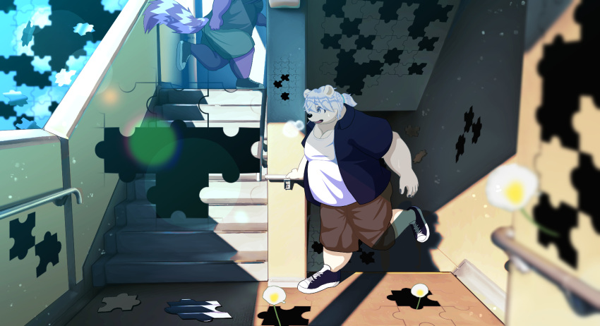 2022 anthro belly big_belly biped bottomwear canid canine clothing detailed_background duo hi_res hisashiyo_0705 humanoid_hands jigsaw_puzzle kemono male mammal outside overweight overweight_male polar_bear purple_body raccoon_dog running shirt shorts stairs tanuki topwear ursid ursine