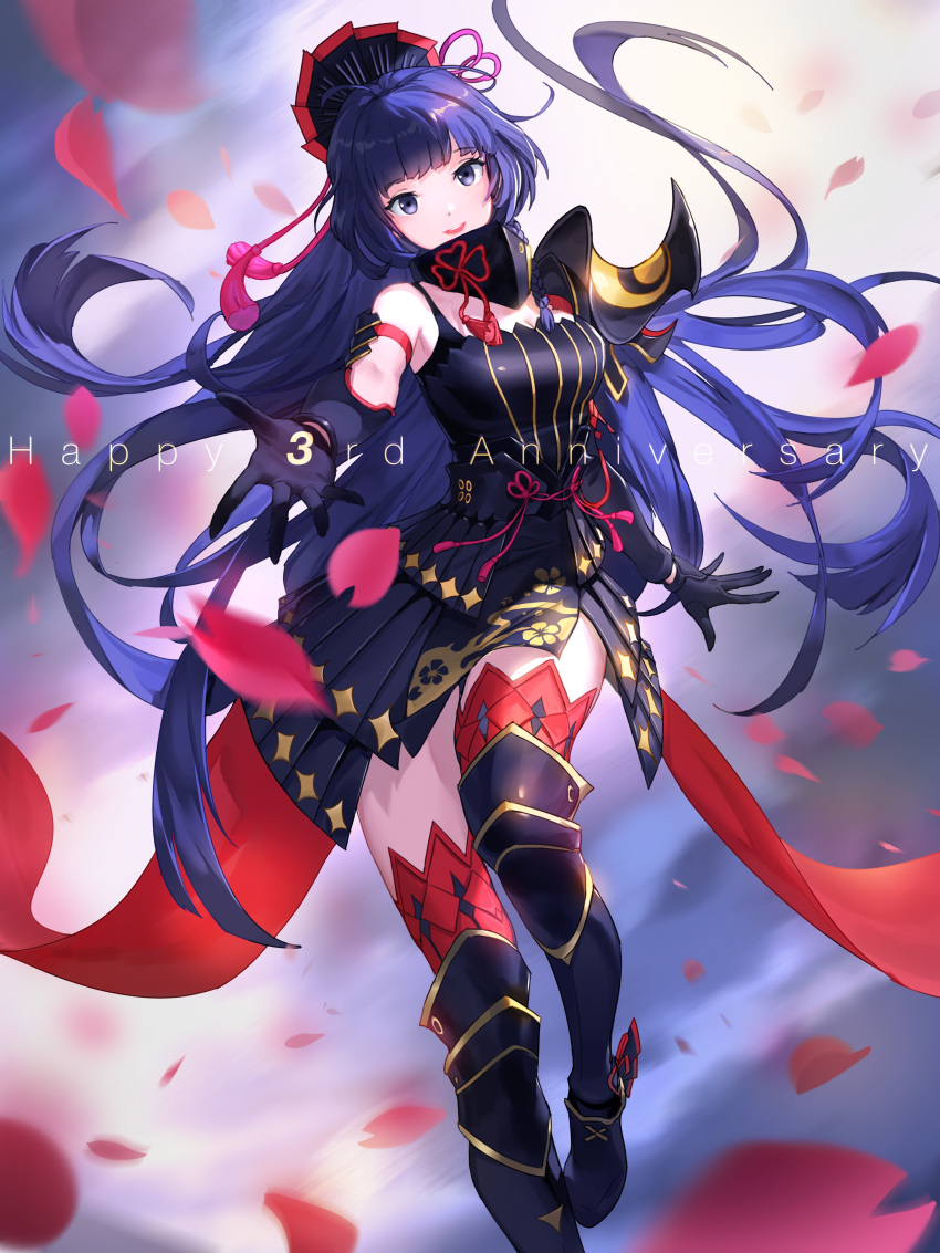 1girl :d absurdres anniversary armor armored_boots bangs bare_shoulders black_footwear black_gloves boots gloves hair_ornament highres honkai_(series) honkai_impact_3rd japanese_armor long_hair looking_at_viewer open_mouth petals ponytail purple_eyes purple_hair raiden_mei raiden_mei_(shadow_dash) smile solo tanwq