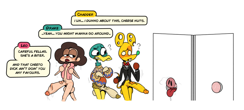 absurd_res after_sex anatid animal_crossing anseriform anthro avian balls beak biped bird blush bodily_fluids bottomless bottomwear bow_tie brown_body brown_feathers chadder_(animal_crossing) cheese clothed clothing comic dairy_products dialogue dialogue_box digital_media_(artwork) domestic_pig drake_(animal_crossing) drooling duck english_text erection feathers female food food_creature gala_(animal_crossing) genital_fluids genitals glory_hole glory_hole_station group hair half-closed_eyes hi_res human humanoid_genitalia leo_(leoafterhours) leoafterhours male male/female mammal mouse murid murine narrowed_eyes nervous nintendo nude open_mouth penis precum precum_string pubes pubes_exposed rat rodent saliva scared simple_background smile speech_bubble suid suina suit sus_(pig) sweat talking_to_another text tongue topwear towel towel_only video_games yellow_body