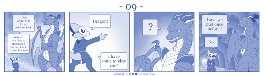 blue_and_white coin comic detailed_background dialogue dragon english_text feral gold_(metal) hi_res horn larger_feral male monochrome size_difference text vavacung wings