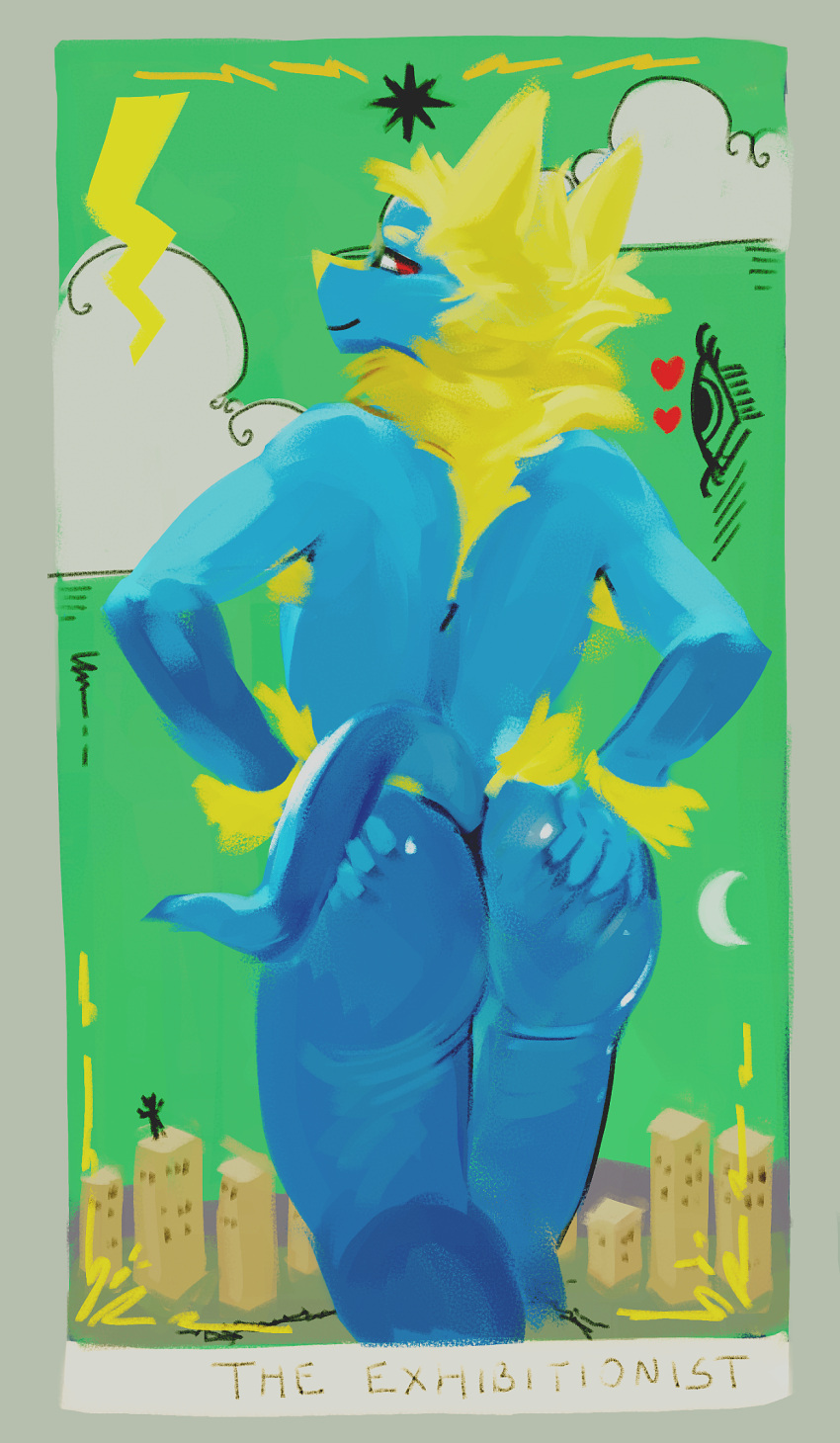 armpit_hair back_tuft blonde_hair blue_body blue_fur blue_tail body_hair butt cloud duo fur glistening glistening_butt hair half-closed_eyes hi_res looking_back male narrowed_eyes neck_tuft oselotti rear_view red_eyes smile solo_focus standing tuft yellow_body yellow_ears yellow_fur yellow_nose