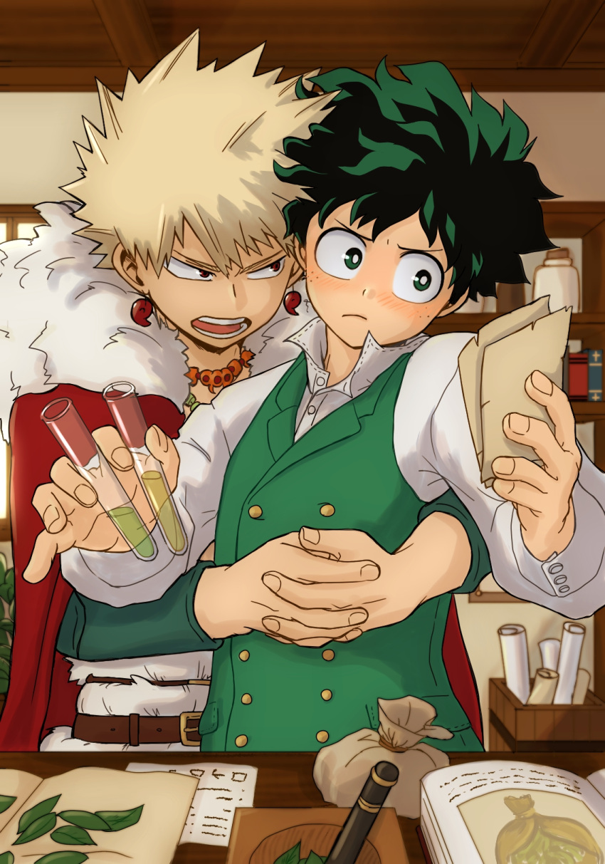 2boys bag bakugou_katsuki belt blonde_hair blush boku_no_hero_academia book brown_belt cape collared_shirt earrings freckles fur_collar green_eyes green_hair green_vest highres holding holding_paper holding_test_tube hug hug_from_behind interlocked_fingers jewelry leaf looking_at_another looking_at_object male_focus midoriya_izuku mortar multiple_boys necklace no_control open_mouth paper pestle red_cape red_eyes shelf shirt spiked_hair teeth test_tube vest white_shirt yaoi