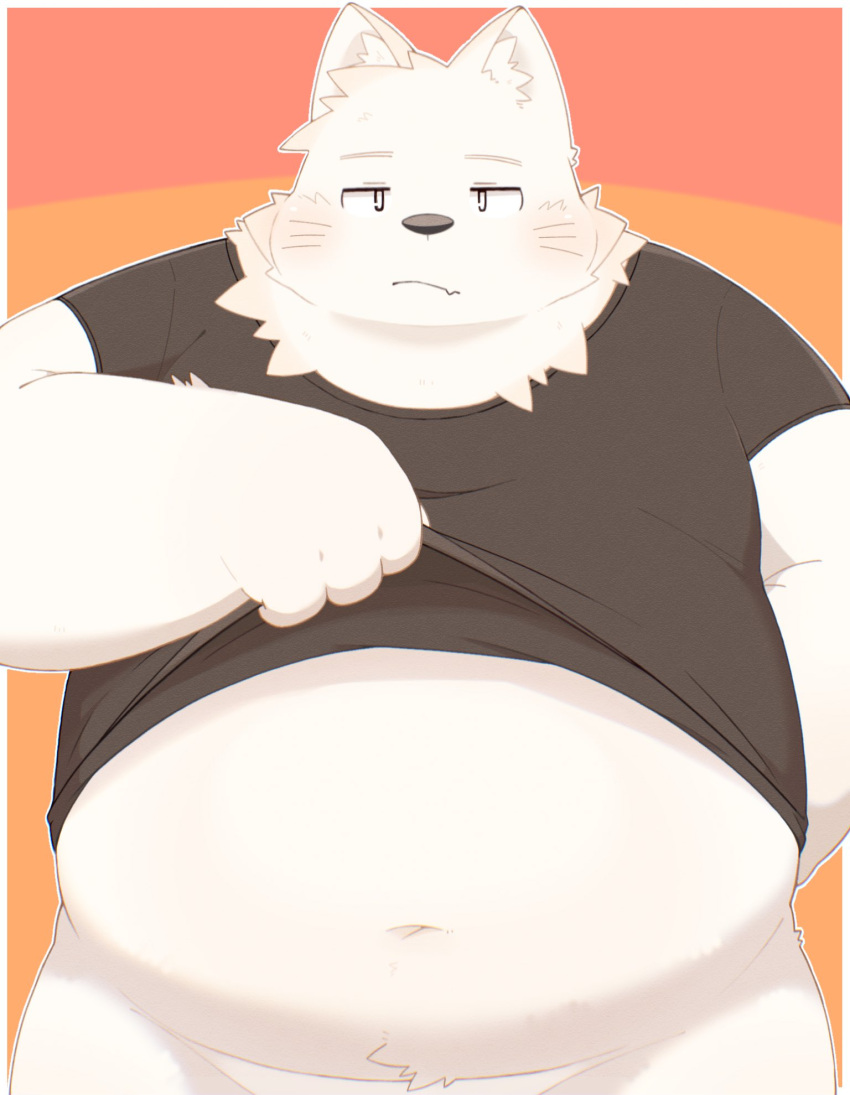 2022 anthro belly big_belly biped black_nose blush canid canine canis clothed clothing clothing_lift domestic_dog hi_res kemono male mammal navel overweight overweight_male shirt shirt_lift sibugaki_2810 solo topwear
