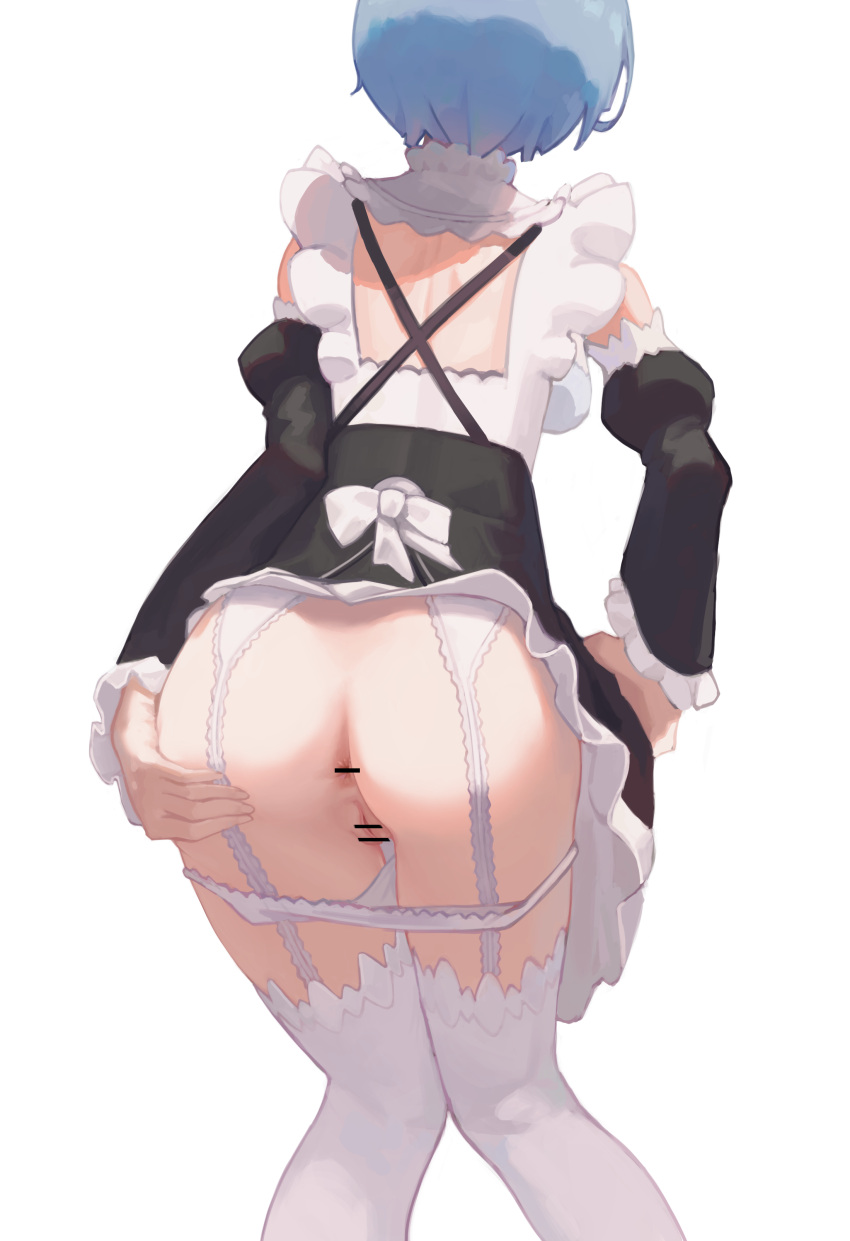 1girl absurdres anus ass back_bow bar_censor black_skirt black_sleeves blue_hair bow censored clothes_lift detached_sleeves from_behind garter_straps hand_on_own_ass highres leaning_forward long_sleeves miniskirt panties panty_pull pussy re:zero_kara_hajimeru_isekai_seikatsu rem_(re:zero) roswaal_mansion_maid_uniform short_hair shoulder_blades simple_background skirt skirt_lift solo standing thighhighs toxic_(pixiv54732505) underwear white_background white_bow white_legwear white_panties