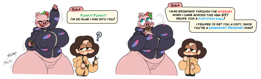 absurd_res animal_crossing anthro belly big_belly big_breasts big_butt biped blush bodily_fluids bottomless bottomwear breasts butt clothed clothing comic dessert dialogue dialogue_box digital_media_(artwork) domestic_pig doughnut duo english_text facial_hair female flower food fully_clothed gala_(animal_crossing) genital_fluids genitals goatee hair hand_between_breasts hi_res holding_object huge_breasts human leo_(leoafterhours) leoafterhours male mammal navel nintendo nude open_mouth overweight overweight_anthro overweight_female pants plant pubes pubes_exposed pussy simple_background smile snout speech_bubble standing stick suid suina sus_(pig) sweat talking_to_another text thick_thighs topwear video_games wide_hips