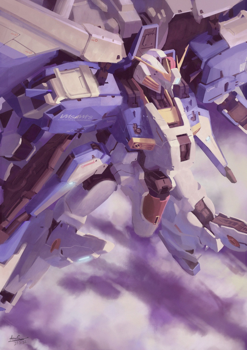 beam_rifle energy_gun ex-s_gundam flying glowing gun gundam gundam_sentinel highres holding holding_gun holding_weapon looking_ahead mecha mobile_suit molai no_humans science_fiction solo v-fin weapon