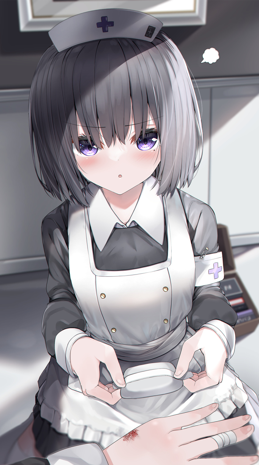 1girl 1other :o apron armband bandaged_fingers bandages bangs black_hair black_shirt black_skirt blurry blurry_background blush collared_shirt depth_of_field eyebrows_visible_through_hair first_aid_kit frilled_apron frills hair_between_eyes hat highres holding long_sleeves looking_at_viewer neku_(neku_draw) nurse nurse_cap original parted_lips pleated_skirt purple_eyes safety_pin shirt skirt sleeves_past_wrists solo_focus v-shaped_eyebrows white_apron white_headwear