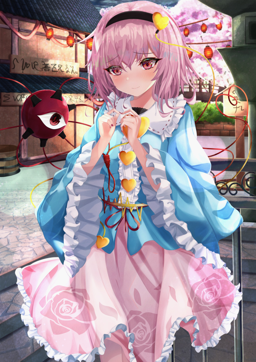 1girl architecture bangs blouse blue_blouse blush bridge buttons center_frills cherry_blossoms closed_mouth commentary_request east_asian_architecture eyeball eyelashes fingernails floral_print frilled_skirt frilled_sleeves frills hair_ornament hairband heart heart_button heart_hair_ornament highres index_fingers_together komeiji_satori lantern long_sleeves looking_at_viewer mukade_172 nervous outdoors pink_skirt print_skirt purple_eyes purple_hair red_nails rose_print short_hair skirt smile solo third_eye touhou wide_sleeves