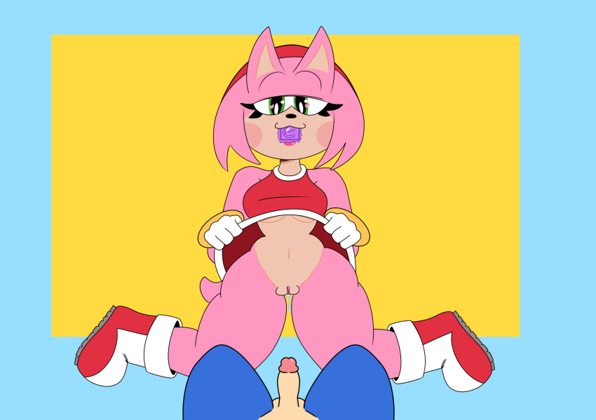 :3 amy_rose anthro bottomless bottomwear breasts clothed clothing clothing_lift condom condom_in_mouth duo duskcy eulipotyphlan faceless_character faceless_male female first_person_view genitals hedgehog hi_res kneeling looking_at_viewer male male/female male_pov mammal penis pussy sega sexual_barrier_device simple_background skirt skirt_lift sonic_the_hedgehog sonic_the_hedgehog_(series) under_boob wrapped_condom yellow_background