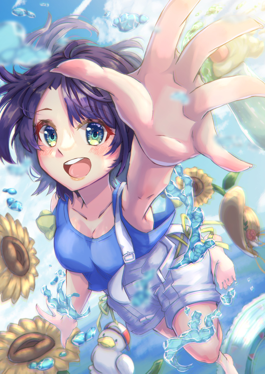 1girl absurdres bangs barefoot bird black_hair blue_eyes blue_shirt blush breasts cloud eyebrows_visible_through_hair flower hand_up hat highres hololive looking_at_viewer mihaeru oozora_subaru open_mouth overalls shirt short_hair sky smile standing standing_on_one_leg straw_hat striped sunflower sunlight virtual_youtuber