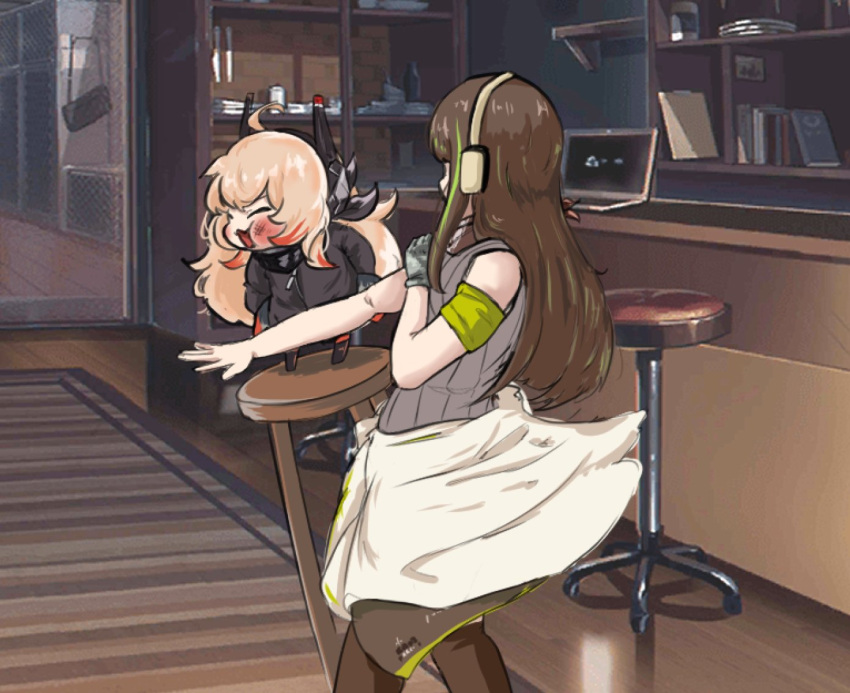 2girls asymmetrical_gloves bandana brown_hair chibi clothes_around_waist computer girls'_frontline gloves headphones jacket jacket_around_waist laptop m4_sopmod_ii_jr m4a1_(girls'_frontline) meme multiple_girls parody slap_mark slap_mark_on_face slapping soppotwojr stool will_smith_slapping_chris_rock_(meme)