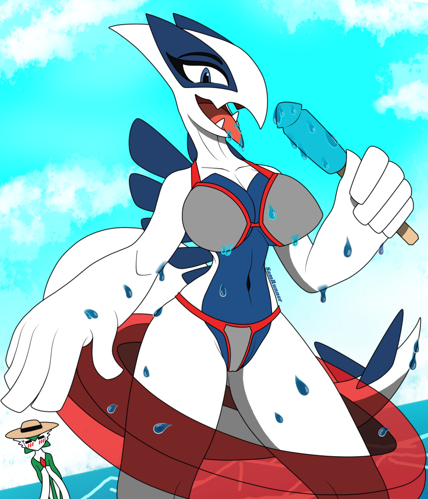 anthro beach breasts clothing duo female female/female female_focus gardevoir hi_res humanoid legendary_pok&eacute;mon legwear looking_at_viewer lugia nintendo pok&eacute;mon pok&eacute;mon_(species) samrunner seaside thick_thighs thigh_highs video_games