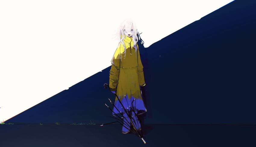 1girl :d bangs blue_eyes blue_footwear boots broken_umbrella full_body hair_between_eyes highres holding holding_umbrella long_hair looking_at_viewer original plant raincoat rubber_boots saniiiwan sleeves_past_wrists smile solo umbrella white_hair yellow_raincoat