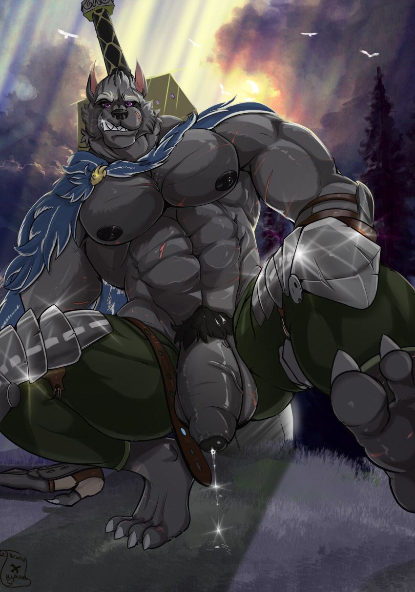 absurd_res big_penis blazar canid canine canis elden_ring genitals hi_res mammal melee_weapon muscular penis sword twilight weapon wolf