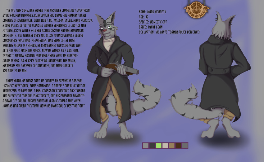 anthro backstory bottomwear clothing coat domestic_cat felid feline felis fluffy fluffy_tail gun hi_res lordofnothin1 maine_coon male mammal model_sheet pants ranged_weapon sawed-off_shotgun shotgun solo topwear trenchcoat turtleneck weapon