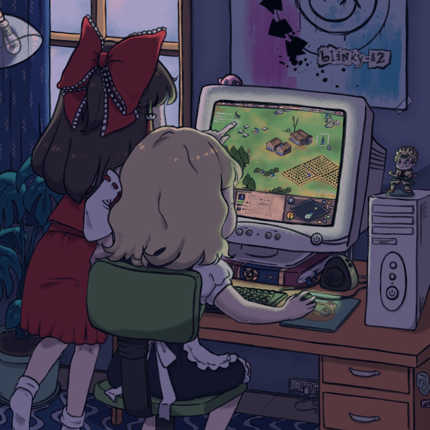 2girls age_of_empires blonde_hair book bow chair computer crt dio_brando figure hair_bow hakurei_reimu highres jojo_no_kimyou_na_bouken keyboard_(computer) kirisame_marisa manamanami monitor mouse_(computer) multiple_girls office_chair playing_games touhou video_game