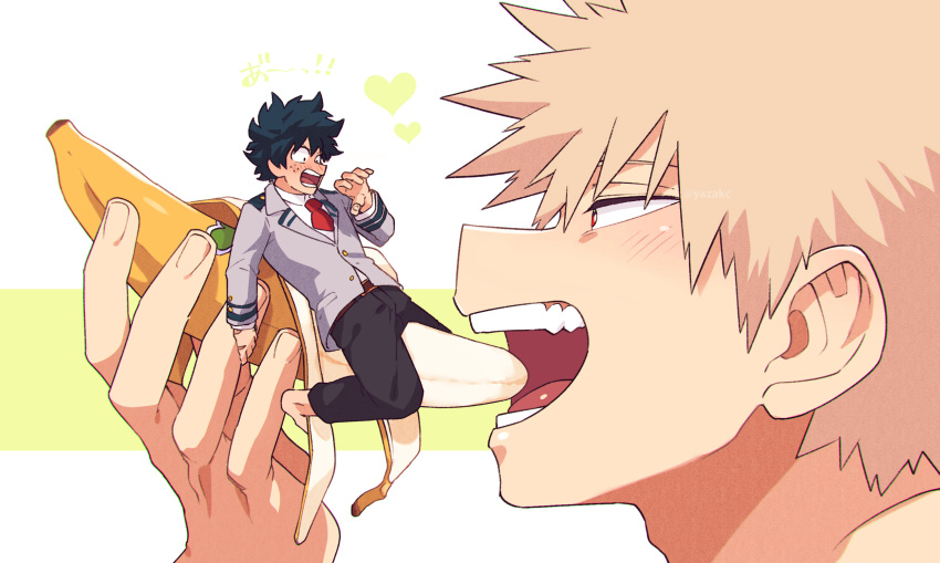 2boys adam's_apple alarmed bakugou_katsuki banana bangs barefoot blonde_hair boku_no_hero_academia close-up food freckles fruit full_body green_hair hand_up heart highres holding holding_food implied_yaoi looking_at_another looking_down male_focus midoriya_izuku multiple_boys multiple_scars naughty_face necktie open_mouth profile red_eyes red_necktie riding scar_on_hand scared school_uniform short_hair size_difference spiked_hair teeth tongue twitter_username two-tone_background u.a._school_uniform white_background yazakc yellow_background