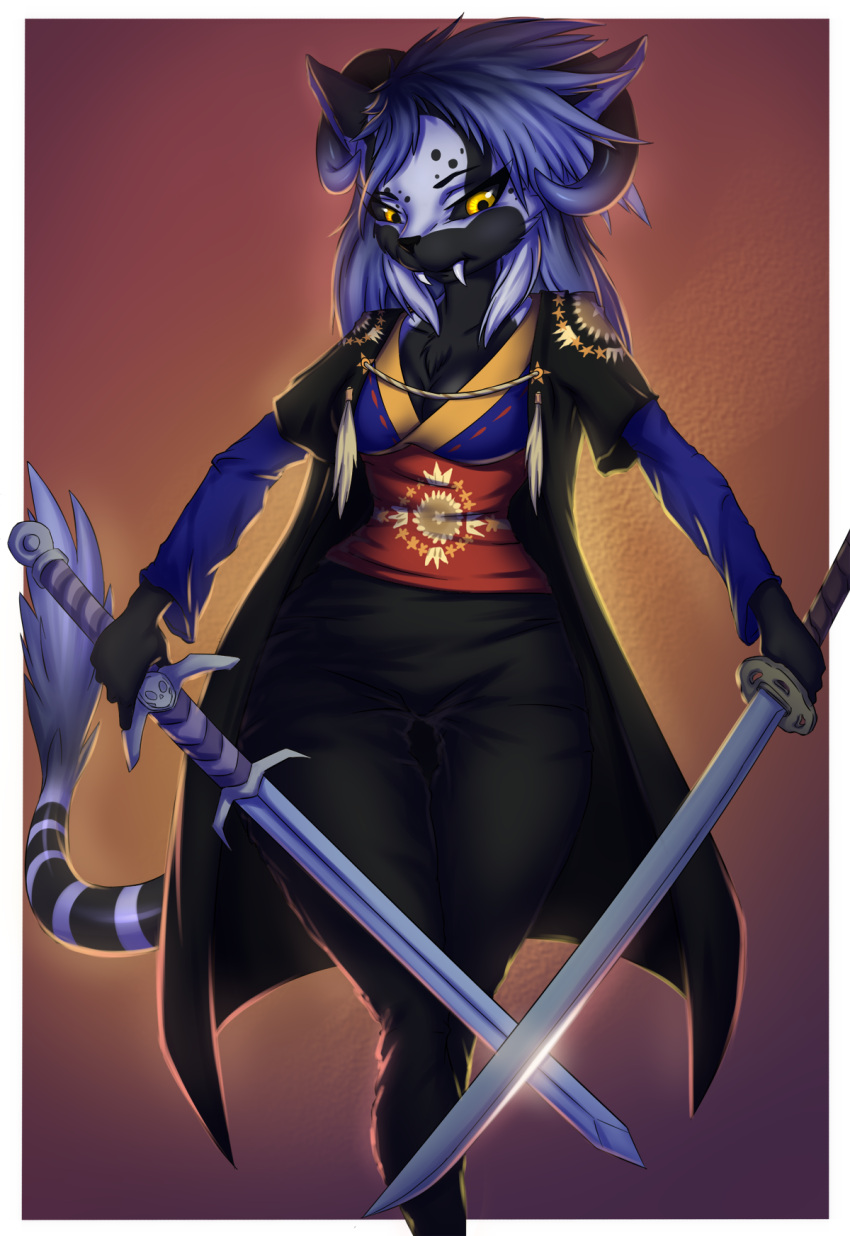 anthro female furry hi_res horn katana melee_weapon prisma6 solo sword tail weapon