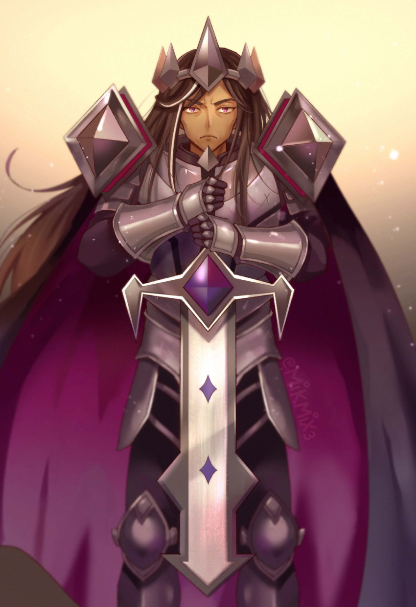 1boy artist_name black_hair closed_mouth collarbone colored_eyelashes cookie_run crown dark-skinned_male dark_cacao_cookie dark_skin hair_between_eyes highres letterboxed long_hair mature_male mikmix multicolored_hair purple_eyes serious solo sword turtleneck weapon white_hair