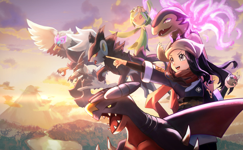 1girl akari_(pokemon) black_hair black_legwear black_sash black_shirt cloud commentary_request garchomp grey_jacket grey_skirt head_scarf highres hisuian_braviary hisuian_lilligant hisuian_typhlosion holding holding_poke_ball jacket kleavor logo long_hair luxray mountain outdoors pantyhose pointing poke_ball poke_ball_(legends) pokemon pokemon_(creature) pokemon_(game) pokemon_legends:_arceus ponytail sash serori_(tjmkmp) shirt sidelocks skirt sky white_headwear