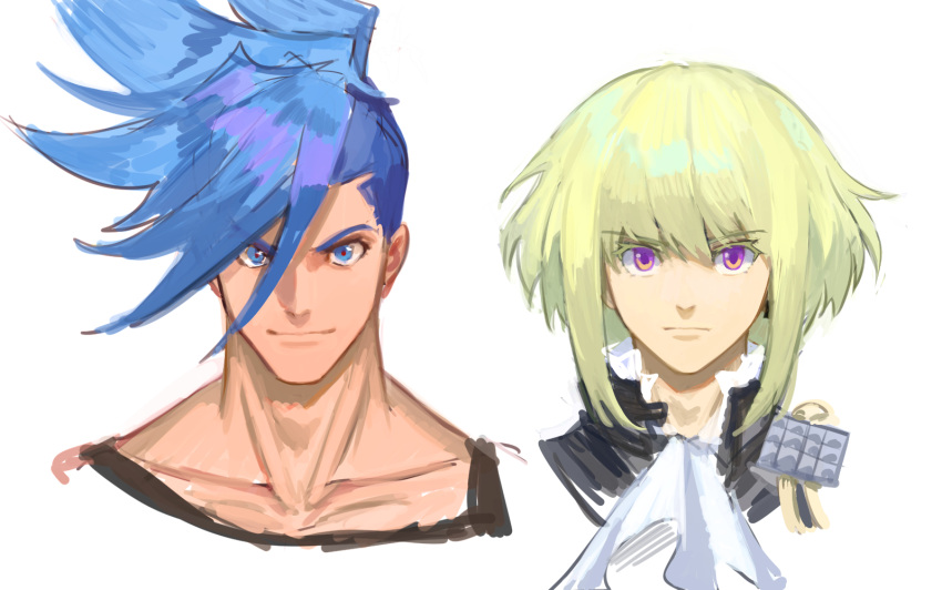 2boys androgynous blue_eyes blue_hair collarbone eyebrows_visible_through_hair galo_thymos green_hair hanezo lio_fotia male_focus mohawk multiple_boys portrait promare purple_eyes short_hair sidecut simple_background spiked_hair white_background