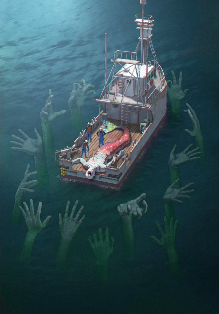 boat death drum_(container) fins hands harpoon_gun highres injury lifebuoy merman monster_boy multiple_boys ocean open_mouth original overalls rust short_hair sinsin08051 teeth underwater watercraft weapon