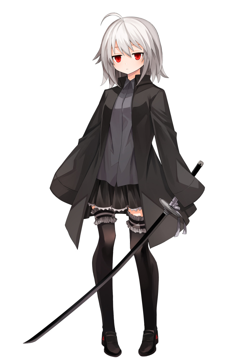 1girl ahoge bangs black_coat coat expressionless frilled_legwear frilled_skirt frills grey_shirt highres holding holding_weapon jitome katana original red_eyes shirt shoes simple_background skirt sleeves_past_fingers sleeves_past_wrists solo standing sword thighhighs tori_(10ri) very_long_sleeves weapon white_background white_hair zettai_ryouiki