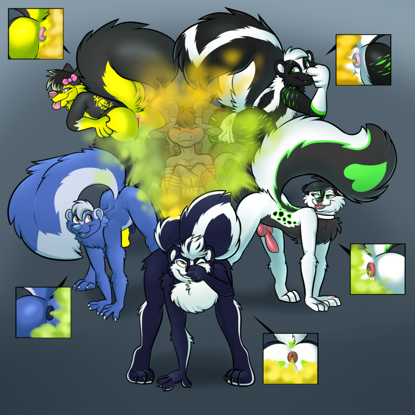 all_fours anatomically_correct anatomically_correct_genitalia anatomically_correct_penis anthro anus anus_close-up balls bent_over black_body black_fur blue_body blue_fur blush butt dragon fart fart_bukkake fart_fetish fur genitals green_eyes group hanging_penis hi_res holding_nose looking_back male mammal mephitid nude penis ravick_the_skunk skunk skunkbutts smile spritztheskusky submissive submissive_male white_body white_fur