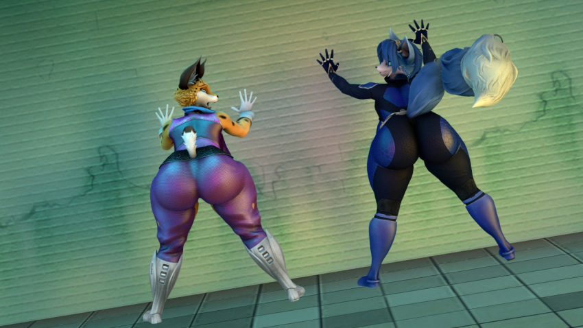 anthro big_butt black_clothing blue_body blue_boots blue_clothing blue_footwear blue_fur blue_hair boots butt canid canine clothing dark_clothing domizoni duo felid feline female footwear fox fur gloves hair hands_on_wall handwear huge_butt krystal leaning leaning_forward looking_at_viewer looking_back lynx mammal miyu_lynx nintendo open_mouth orange_body orange_fur pink_clothing rear_view spacesuit spots spread_legs spreading star_fox tight_clothing video_games white_boots white_clothing white_footwear white_spots