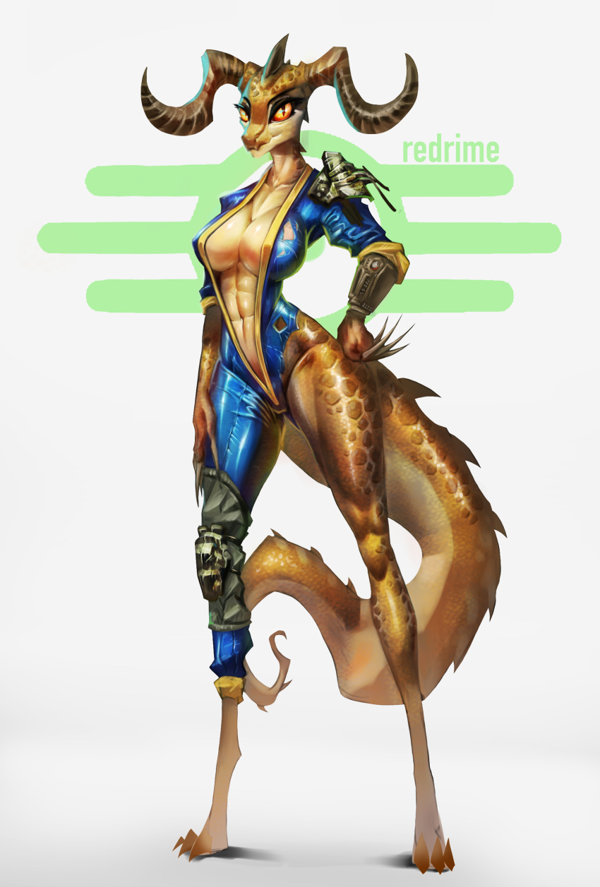 abs absurd_res anthro athletic athletic_female bethesda_softworks big_breasts breasts cleavage clothed clothing deathclaw fallout female hi_res partially_clothed redrime simple_background small_waist solo thick_thighs vault_suit video_games white_background