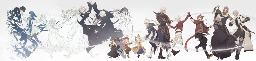 absurdres alisaie_leveilleur alphinaud_leveilleur animal_hood avatar_(ff14) bard_(final_fantasy) black_robe blue_hair brown_hair cat_hood dancing dress elezen elf emet-selch estinien_varlineau facial_mark fermium.ice final_fantasy final_fantasy_xiv flute g'raha_tia hermes_(ff14) highres hood hythlodaeus hyur instrument krile_mayer_baldesion_(ff14) lalafell lute_(instrument) meteion miqo'te pointy_ears purple_hair red_hair silver_hair smile spoilers tataru_taru thancred_waters urianger_augurelt venat_(ff14) whisker_markings white_hair wide_image y'shtola_rhul