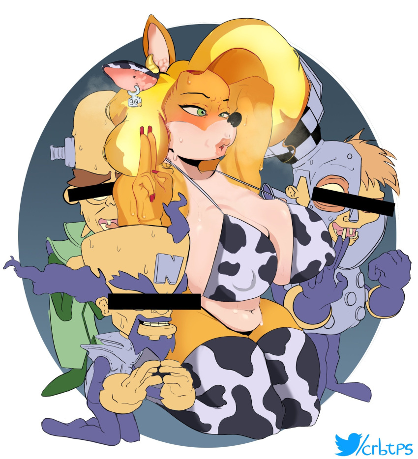 activision animal_print anthro bandicoot belly big_breasts bikini blonde_hair bodily_fluids breasts censored_face cleavage clothed clothing cow_print crabtopus crash_bandicoot_(series) cross-eyed cuckold doctor_n._gin doctor_neo_cortex doctor_nitrus_brio fake_cow_ears fake_ears female gesture group hair hi_res huge_breasts human kneeling legwear lips long_hair male male/female mammal marsupial navel nipple_outline nipples slightly_chubby sweat swimwear tawna_bandicoot thick_thighs thigh_highs thong tight_clothing underwear v_sign video_games wide_hips