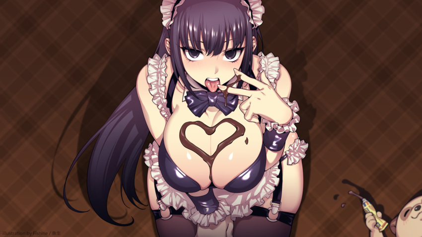 1girl 1other alternate_costume arm_between_legs artist_name bare_shoulders blush bow breasts brown_legwear candy chocolate chocolate_on_breasts chocolate_on_hand cleavage closed_eyes closed_mouth dripping enmaided eyelashes fingernails fishine food food_on_hand frills hair_between_eyes heart heart-shaped_chocolate highres lanmei long_eyelashes long_fingernails long_hair looking_at_viewer maid maid_headdress nail_polish o-ring open_mouth original patterned patterned_background purple_bow purple_eyes purple_hair shiny shiny_hair skindentation solo_focus squeezing teeth thighhighs tongue tongue_out upper_teeth w