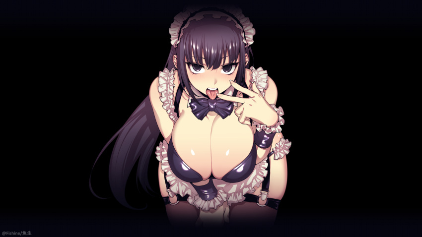 1girl alternate_costume arm_between_legs bare_shoulders black_background blush bow breasts brown_legwear candy chocolate chocolate_on_breasts chocolate_on_hand cleavage dripping enmaided eyelashes fingernails fishine food food_on_hand frills hair_between_eyes heart heart-shaped_chocolate highres lanmei long_eyelashes long_fingernails long_hair looking_at_viewer maid maid_headdress nail_polish o-ring open_mouth original purple_bow purple_eyes purple_hair shiny shiny_hair simple_background skindentation solo teeth thighhighs tongue tongue_out twitter_username upper_teeth w
