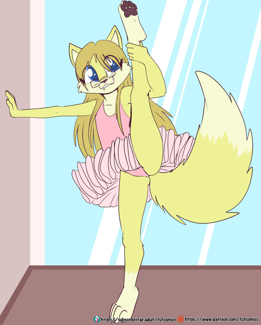 anthro barefoot blonde_hair blue_eyes bottomwear canid canine clothing dancewear eyewear feet female flat_chested flexible fox fuf fur glasses hair hi_res long_hair mammal one_leg_up pawpads polymorph raised_leg skirt solo splits spread_legs spreading standing tutu vertical_splits yellow_body yellow_fur young