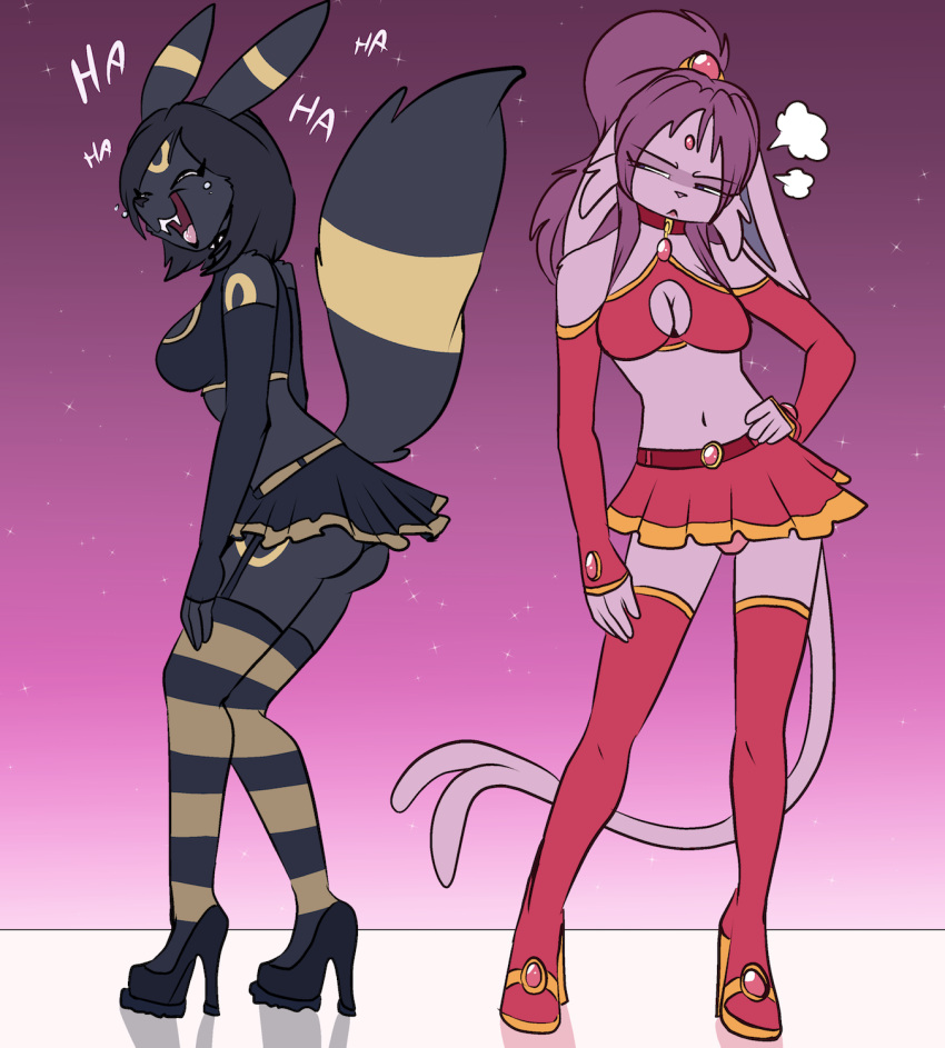 angry anthro black_body black_fur black_hair cheerleader cheerleader_outfit cleavage_cutout clothing duo eeveelution espeon fangs female forehead_gem fuf fur hair hi_res high_heels laugh legwear midriff navel nintendo open_mouth panties pink_body pink_fur pink_hair pok&eacute;mon pok&eacute;mon_(species) thigh_highs umbreon underwear video_games