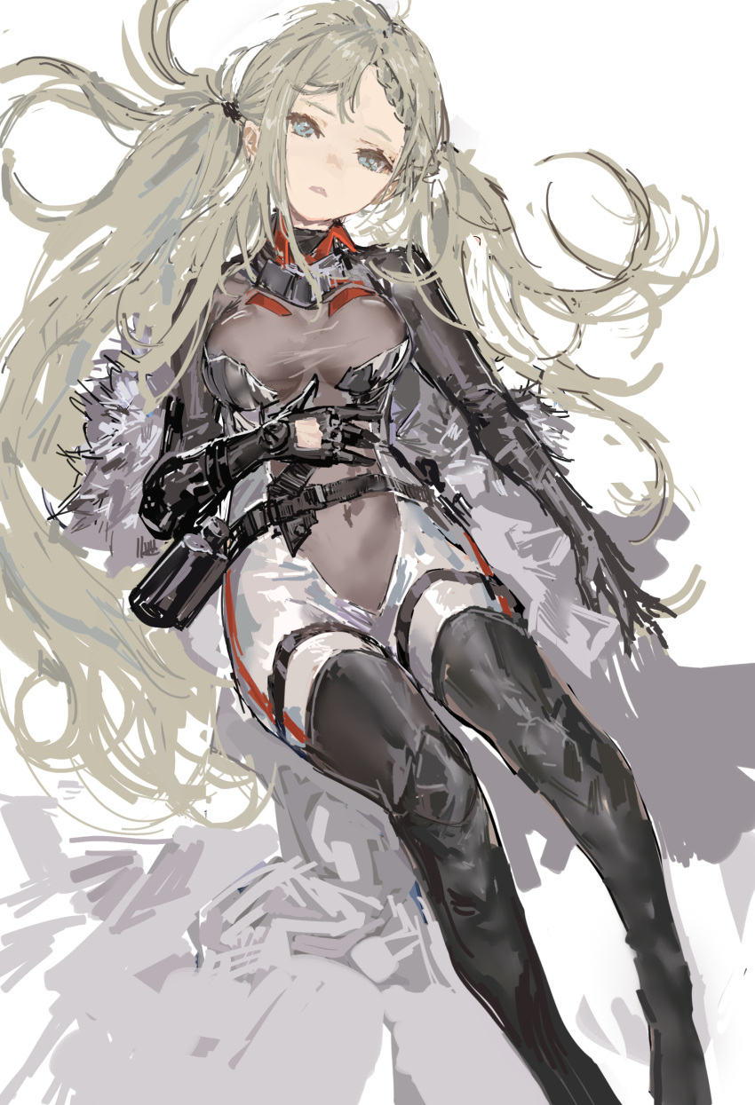 1girl a-545_(girls'_frontline) absurdres bangs black_gloves black_legwear blue_eyes bodysuit breasts breasts_apart elbow_gloves feet_out_of_frame girls'_frontline gloves grey_hair hand_on_own_stomach highres long_hair looking_at_viewer medium_breasts messikid solo thighhighs twintails very_long_hair white_background