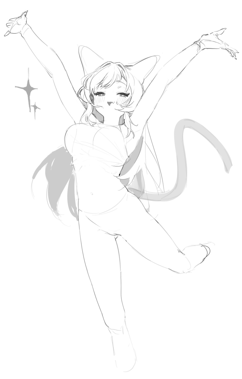 1girl absurdres animal_ears armpits arms_up blush commission fang greyscale half-closed_eyes highres kona_ming leg_up long_hair monochrome navel open_hands open_mouth original pixiv_request simple_background sketch smile solo sparkle tail white_background