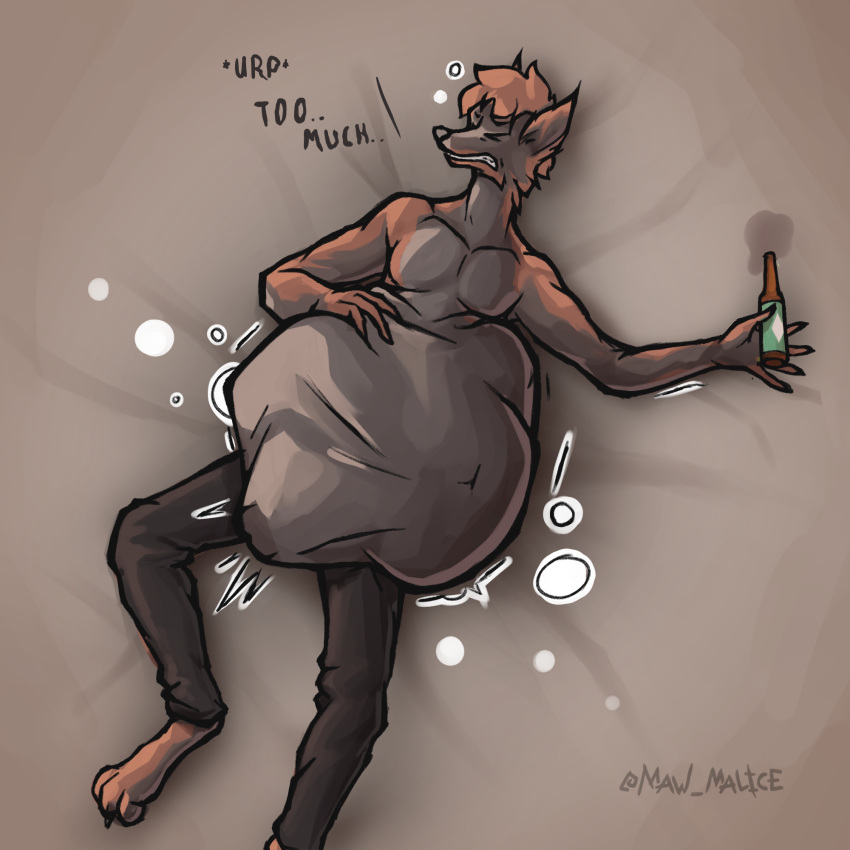 abdominal_bulge anthro bed beverage bloated bottle bottomwear bubble canid canine clenched_teeth clothed clothing digestion_noises drunk drunk_bubble full_belly furniture grabbing_belly hi_res lying male mammal maw-malice on_back on_bed pants same_size_vore solo spilled_drink substance_intoxication teeth topless uncomfortable vore
