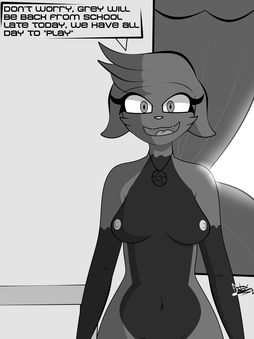 absurd_res anthro black_body black_fur breasts clothed clothing detailed_background dialogue domestic_cat felid feline felis female firenox1559 fur galia_(firenox1559) green_body greyscale hi_res looking_at_another mammal monochrome naughty_face nipples nude red_eyes smile solo topless