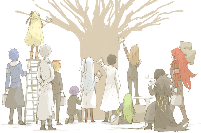 4boys 5girls a_(lobotomy_corporation) angela_(lobotomy_corporation) armband arms_behind_back benjamin_(lobotomy_corporation) binah_(lobotomy_corporation) blonde_hair blue_hair braid brown_hair bucket chesed_(lobotomy_corporation) coat commentary_request cup french_braid from_behind full_body gebura_(lobotomy_corporation) gradient_hair green_hair grey_hair hod_(lobotomy_corporation) holding holding_bucket holding_cup holding_paintbrush kan_(aaaaari35) labcoat ladder light_blue_hair lobotomy_corporation long_hair malkuth_(lobotomy_corporation) multicolored_hair multiple_boys multiple_girls netzach_(lobotomy_corporation) paintbrush painting purple_hair red_hair sitting standing_on_box steam table tea tiphereth_a_(lobotomy_corporation) very_long_hair yesod_(lobotomy_corporation)