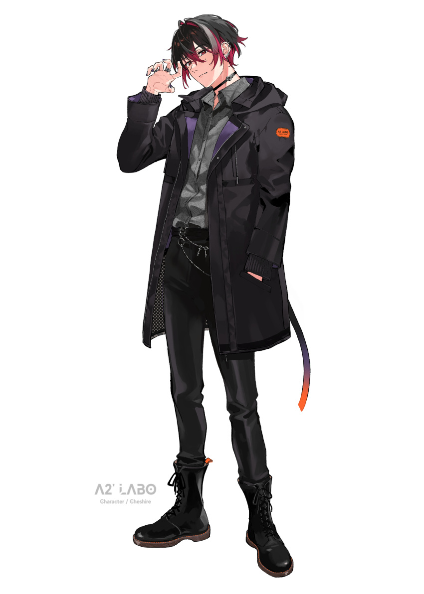 1boy arisaka_ako black_choker black_coat black_footwear black_hair black_pants boots choker closed_mouth coat collared_shirt commentary_request ear_piercing grey_shirt hand_in_pocket hand_up highres jewelry long_sleeves looking_at_viewer male_focus multicolored_hair original pants piercing red_hair ring shirt short_hair simple_background solo streaked_hair white_background