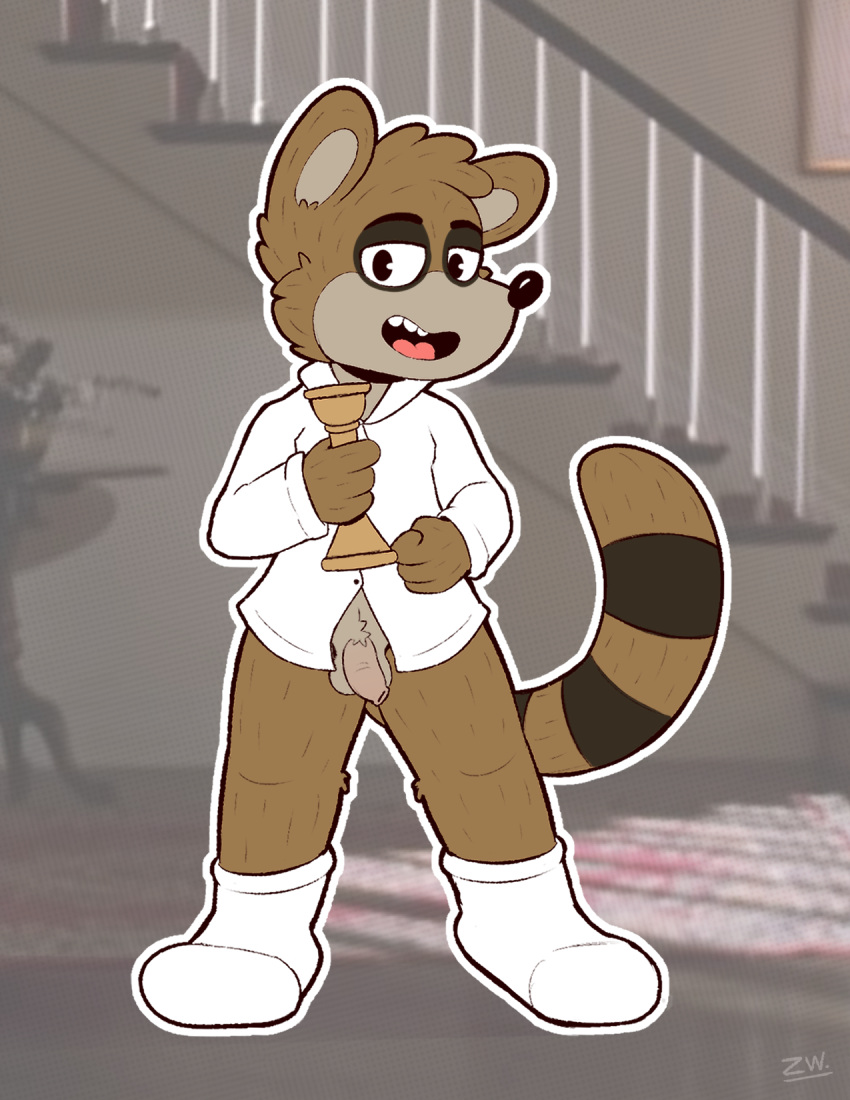 anthro balls cartoon_network clothed clothing dancing footwear fur genitals hi_res looking_at_viewer male mammal meme nude open_mouth partially_clothed penis procyonid raccoon regular_show rigby_(regular_show) size_difference smaller_male smile smiling_at_viewer socks solo wolfyzeeb